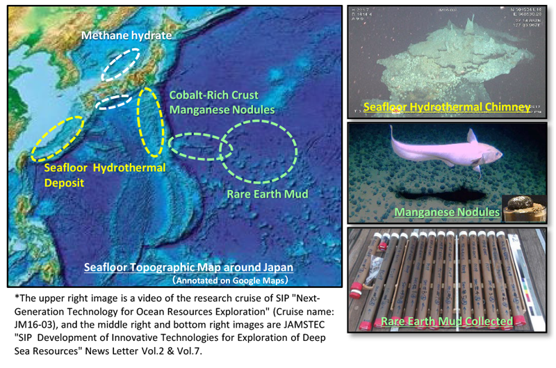 Map of metal and mineral resources in the waters surrounding Japan