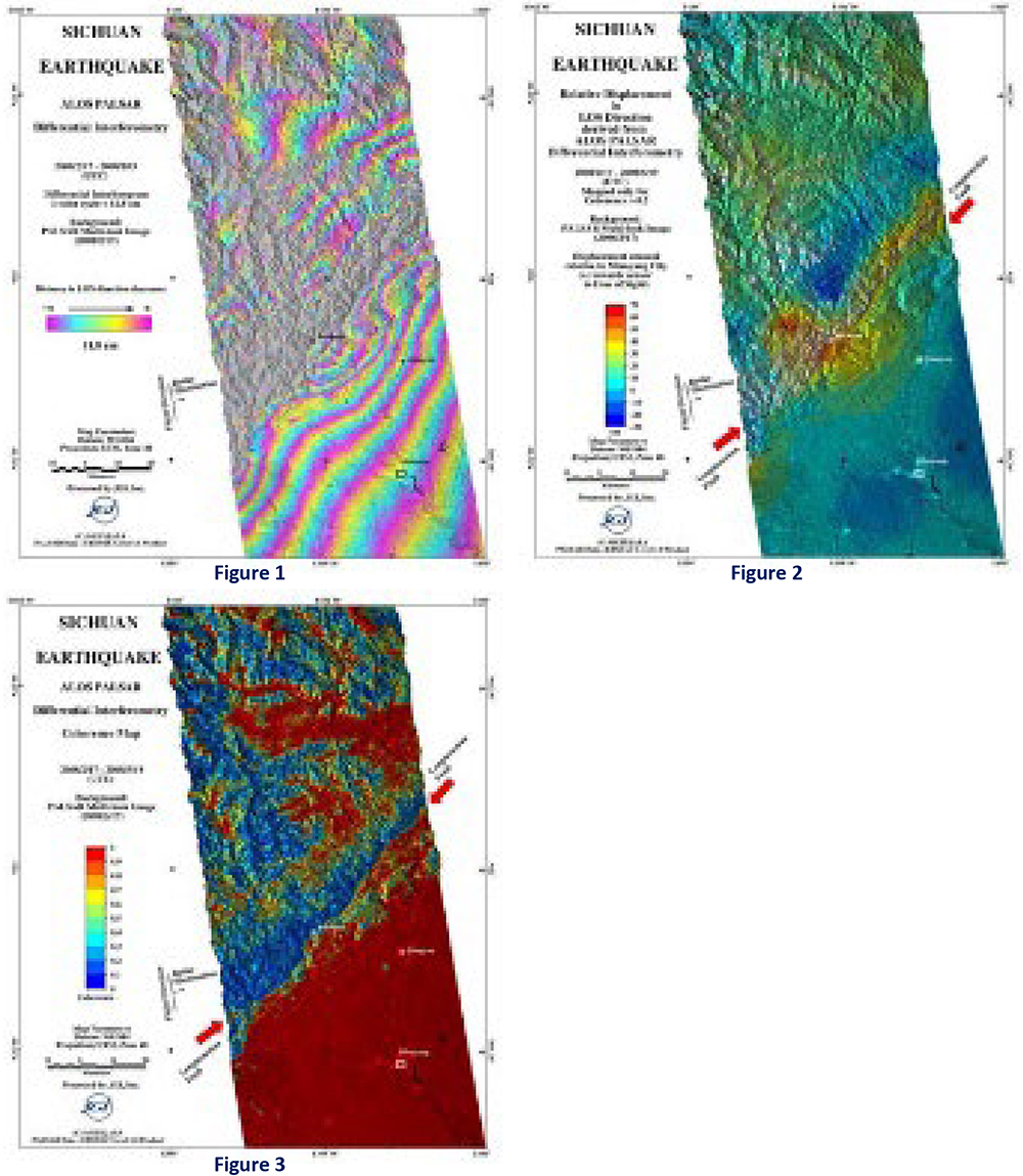 Three images of ground displacement caused by the Sichuan earthquake captured by satellite SAR differential interferometry using remote sensing